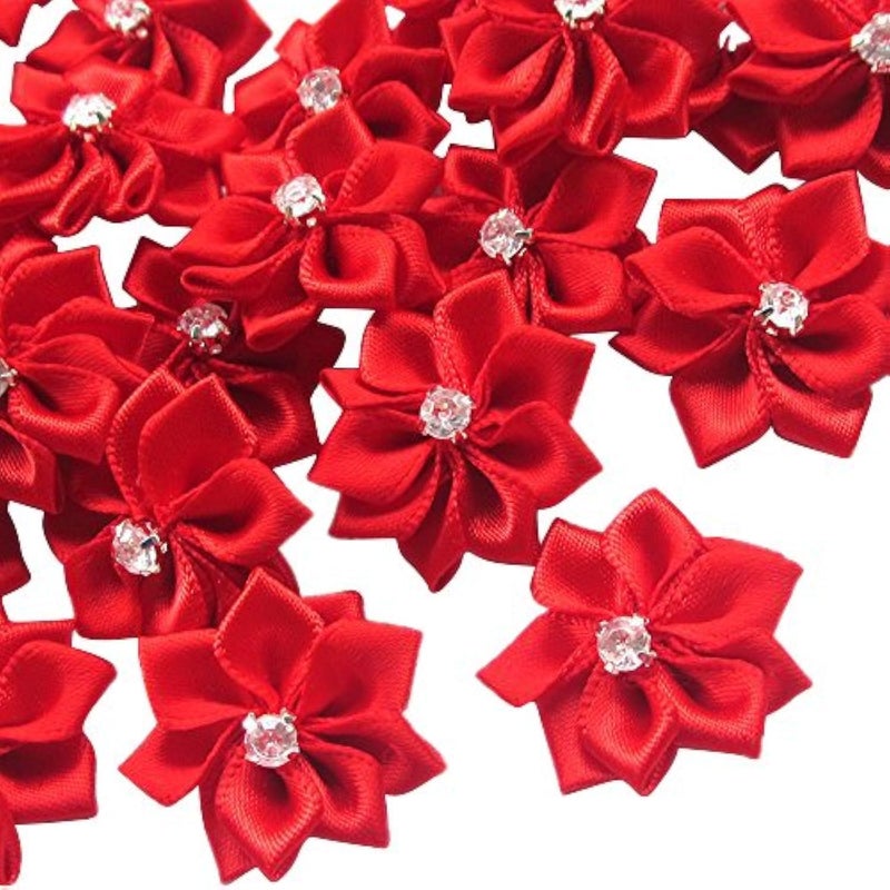 Chenkou Craft Red 40pcs 28mm(1 1/8") Ribbon Flowers Bows Rhinestone Wedding Ornament Appliques - Image 1